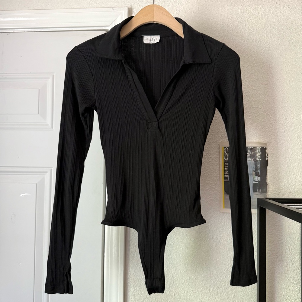 CLYQUE black modal spandex rib knit polo popover long sleeve‎ bodysuit